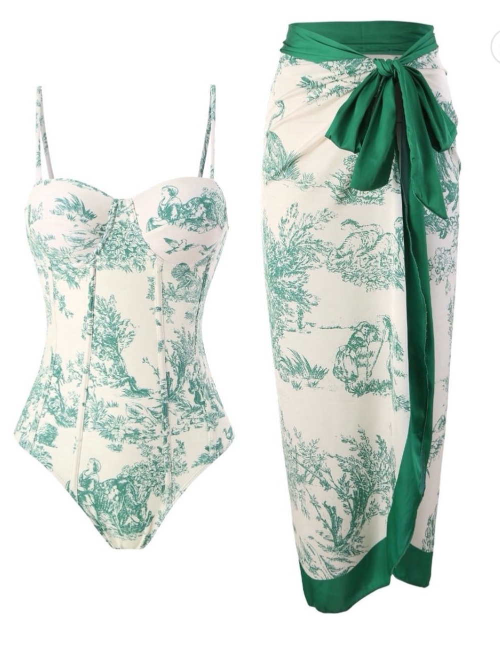 Green Toile Print Corset Swimsuit & Sarong Set